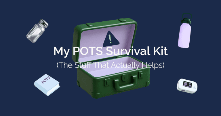Open green travel case surrounded by POTS management essentials, including a salt shaker, water bottle, pulse oximeter, and POTS reference book, on a navy blue background.