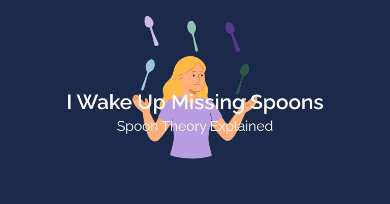Illustrated woman in purple shirt juggling colorful spoons on a navy blue background, representing Spoon Theory and chronic illness energy management.