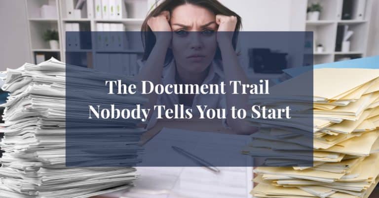 Woman overwhelmed by towering stacks of chronic illness documentation on her desk