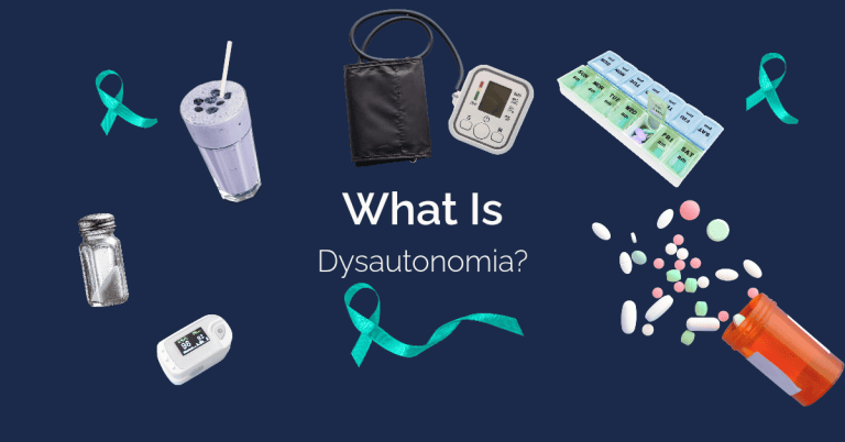 Dysautonomia awareness items, including a blood pressure cuff, pulse oximeter, salt shaker, teal ribbon, and medications, on a navy blue background