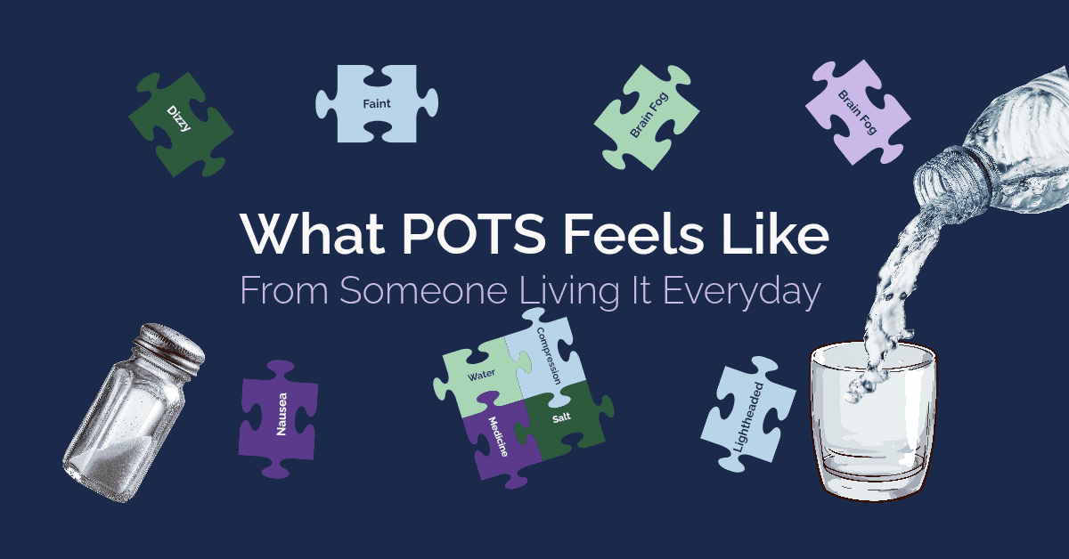 Puzzle pieces labeled with POTS symptoms, including dizziness, faintness, brain fog, nausea, a nd lightheadedness, alongside a salt shaker and water being poured, on a navy blue background