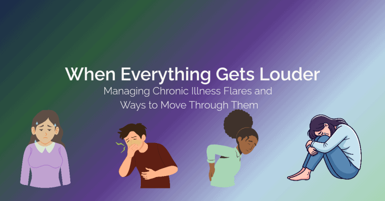 Four illustrated people showing symptoms of a chronic illness flare, including fatigue, nausea, pain, and exhaustion, on a purple, navy, green gradient background.