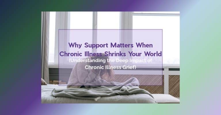 A woman sits curled on the edge of a bed by a bright window, head down, wrapped in a soft sweater — the quiet weight of chronic illness grief.