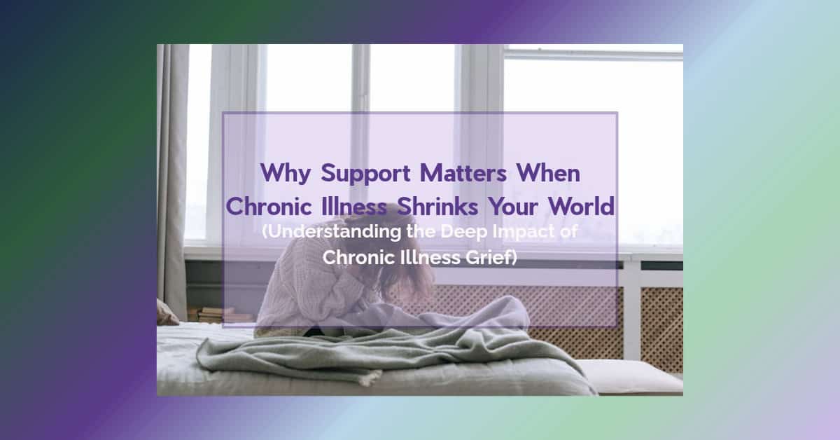 A woman sits curled on the edge of a bed by a bright window, head down, wrapped in a soft sweater — the quiet weight of chronic illness grief.